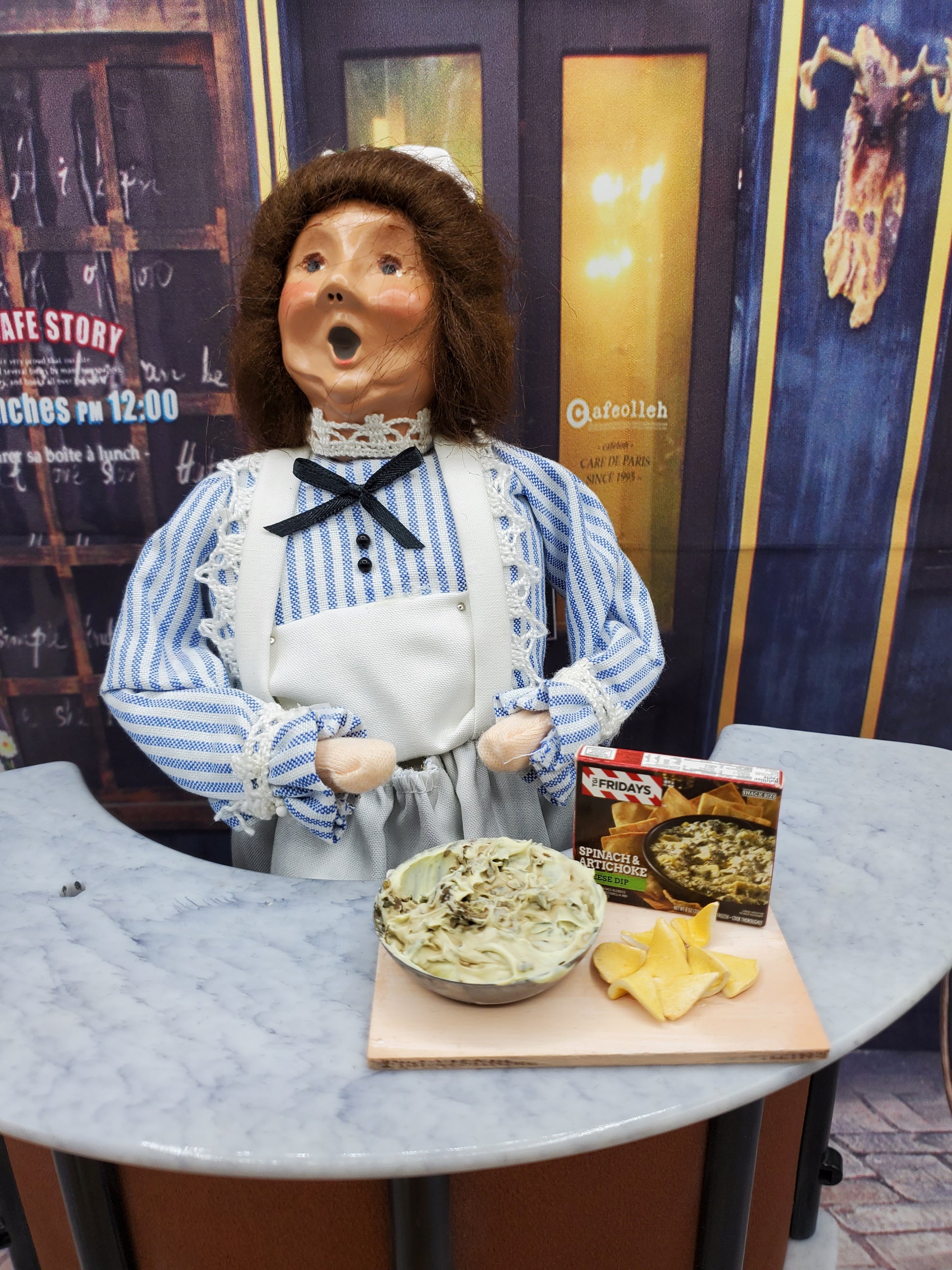 Byers choice doll with spinach dip