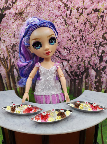 Rainbow high doll with banana split ice cream