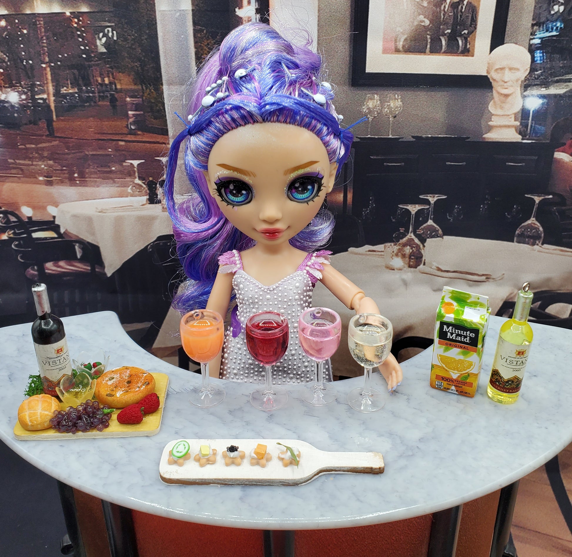 rainbow high doll with wine and cheese board